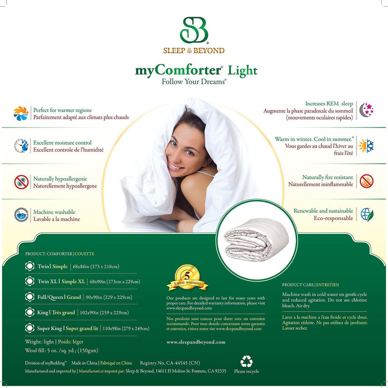 Sleep & Beyond myComforter 100% Washable Light Weight Wool Comforter