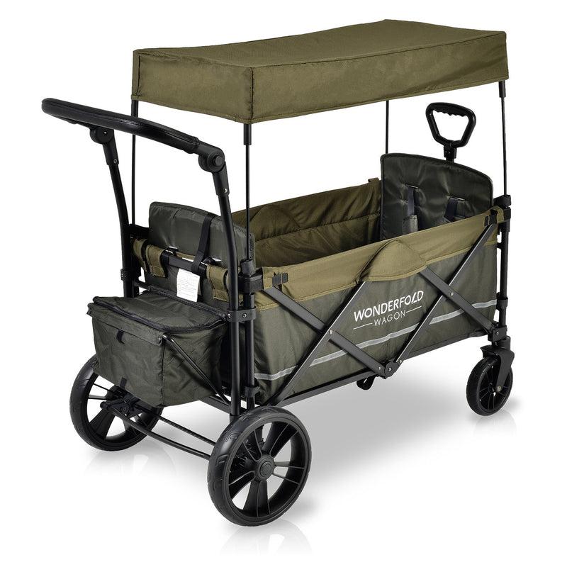 Wonderfold X2 Woodland Green Pull and Push Double Stroller Wagon with Automatic Magnetic Seatbelt Buckles - 2 Seater