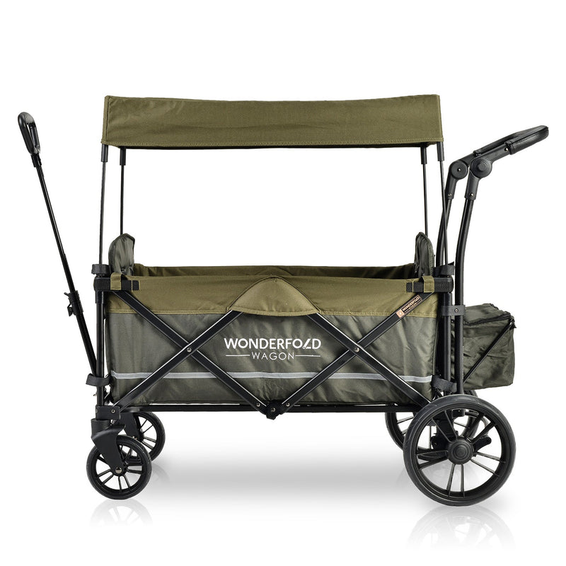 Wonderfold X2 Woodland Green Pull and Push Double Stroller Wagon with Automatic Magnetic Seatbelt Buckles - 2 Seater