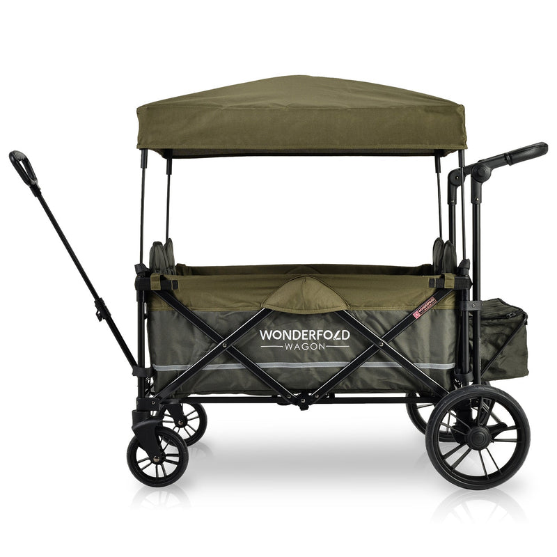 Wonderfold X4 Woodland Green Pull and Push Double Stroller Wagon with Automatic Magnetic Seatbelt Buckles - 4 Seater